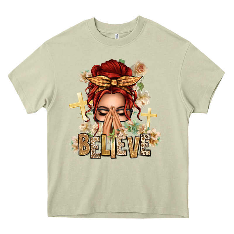 Red Hair Believe Praying Caucasian Messy Bun Heavy Core Tee by texasbilliewilder | Teevron
