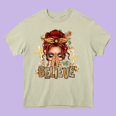 Red Hair Believe Praying Caucasian Messy Bun Heavy Core Tee Designed By Texasbilliewilder
