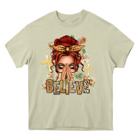 Mossy Red Hair Believe Praying Caucasian Messy Bun Heavy Core Tee - texasbilliewilder