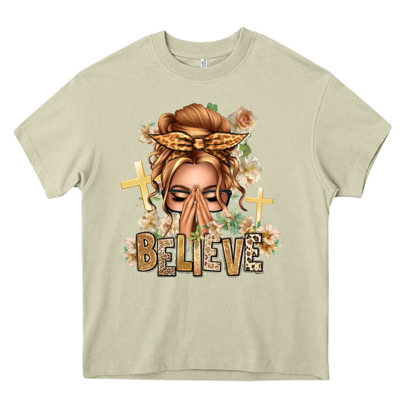 Blonde Hair Believe Praying Caucasian Messy Bun Heavy Core Tee by texasbilliewilder | Teevron