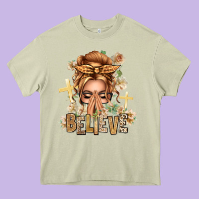 Blonde Hair Believe Praying Caucasian Messy Bun Heavy Core Tee Designed By Texasbilliewilder