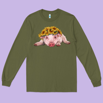 Baby Pig With Sunflower Headband Long Sleeve Tee Designed By Ranaportraitstore