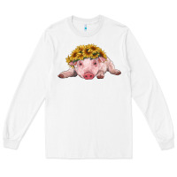 White baby pig with sunflower headband Long Sleeve Tee - RanaPortraitStore