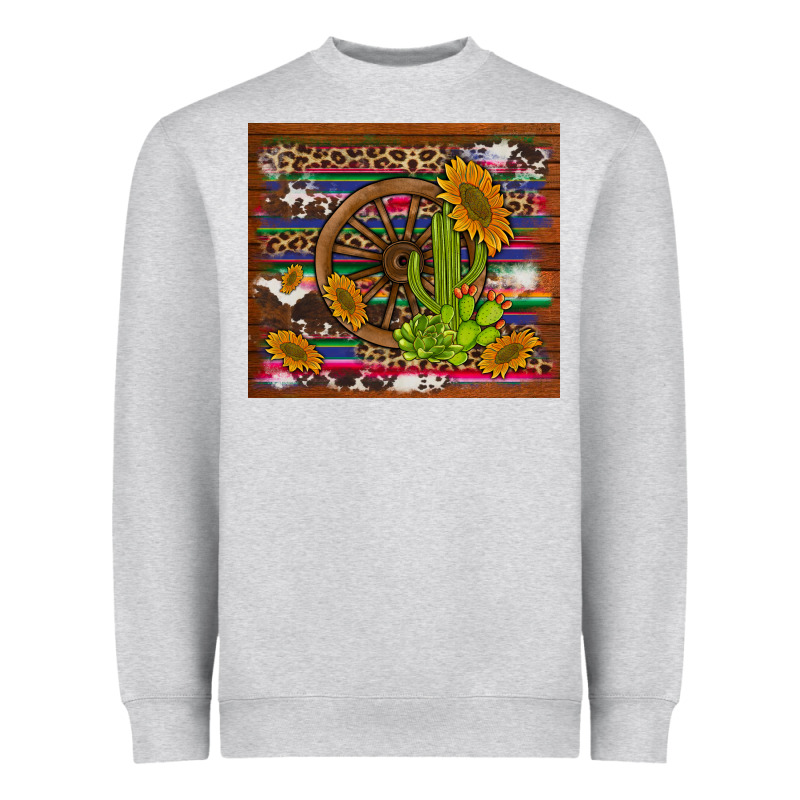 Cactus And Sunflowers With Old Wheel Serape Leopard Cowhide Background Heavyweight Sweatshirt by Artiststas | Teevron