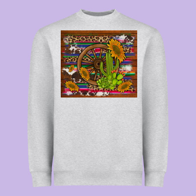 Cactus And Sunflowers With Old Wheel Serape Leopard Cowhide Background Heavyweight Sweatshirt Designed By Artiststas
