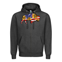 Charcoal Heather bison amerıcan flag Zipper Hoodie - BarkalooDesign