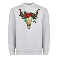 Heather Grey bull skull with roses Heavyweight Sweatshirt - Artiststas