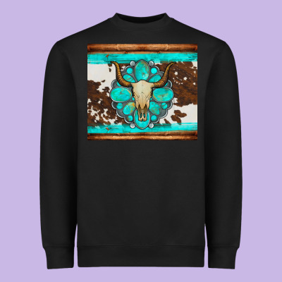 Bull Skull And Turquoise Cowhide Tumbler Heavyweight Sweatshirt Designed By Artiststas