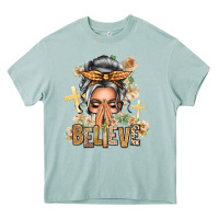 Silver White Believe Praying Caucasian Messy Bun Heavy Core Tee | Teevron