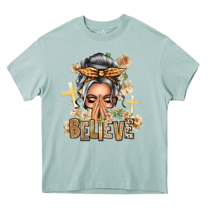 Silver White Believe Praying Caucasian Messy Bun Heavy Core Tee by texasbilliewilder | Teevron