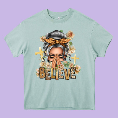 Silver White Believe Praying Caucasian Messy Bun Heavy Core Tee Designed By Texasbilliewilder
