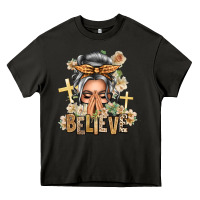 Asphalt Silver White Believe Praying Caucasian Messy Bun Heavy Core Tee - texasbilliewilder