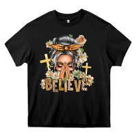 Black Silver White Believe Praying Caucasian Messy Bun Heavy Core Tee - texasbilliewilder