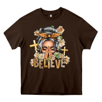 Chocolate Brown Silver White Believe Praying Caucasian Messy Bun Heavy Core Tee - texasbilliewilder