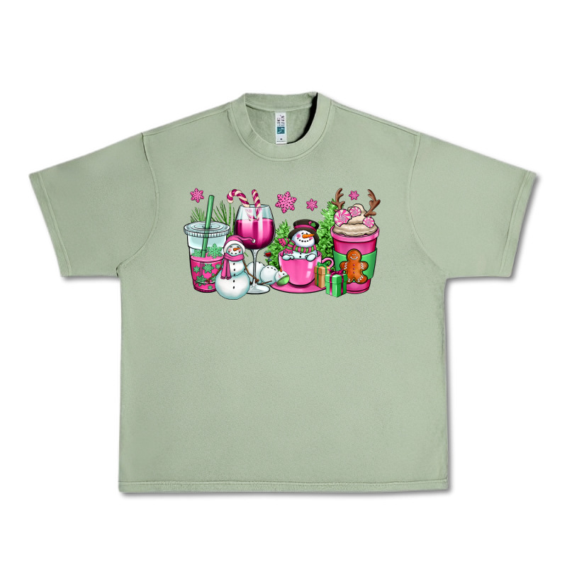 Pink Christmas Snowman Coffee Cups Urban Heavy Tee by OliviaCreatesArt | Teevron