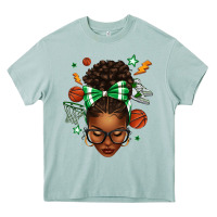 Arona Afro Messy Bun Basketball Green Bow Heavy Core Tee - texasbilliewilder