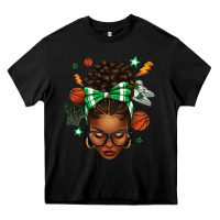Black Afro Messy Bun Basketball Green Bow Heavy Core Tee - texasbilliewilder