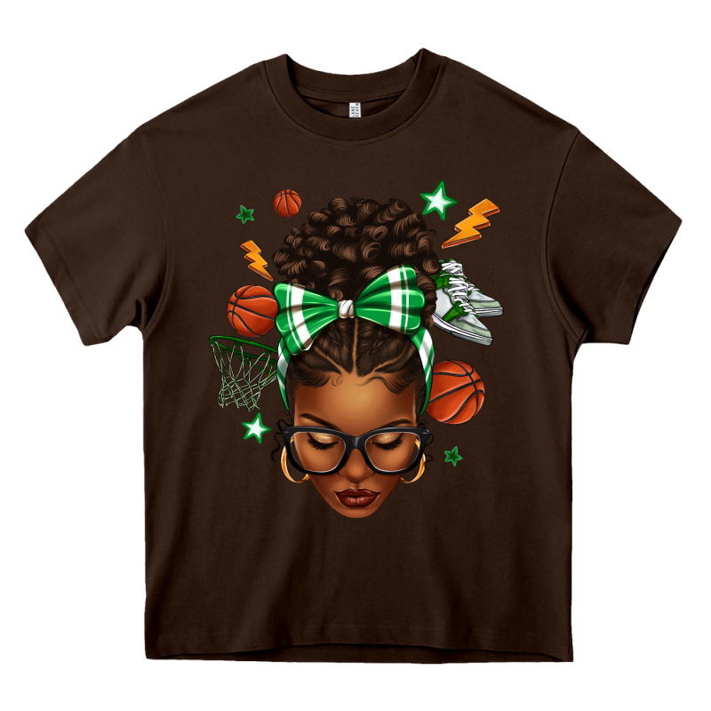 Afro Messy Bun Basketball Green Bow Heavy Core Tee by texasbilliewilder | Teevron
