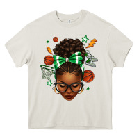 Cream Afro Messy Bun Basketball Green Bow Heavy Core Tee - texasbilliewilder