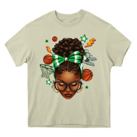 Mossy Afro Messy Bun Basketball Green Bow Heavy Core Tee - texasbilliewilder