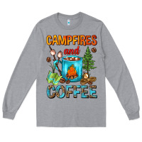 Heather Grey Campfires And Coffee Camping Coffee Long Sleeve Tee - FaDigitalArtStudio