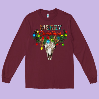 Merry Christmas Bull Skull Long Sleeve Tee Designed By Ranaportraitstore