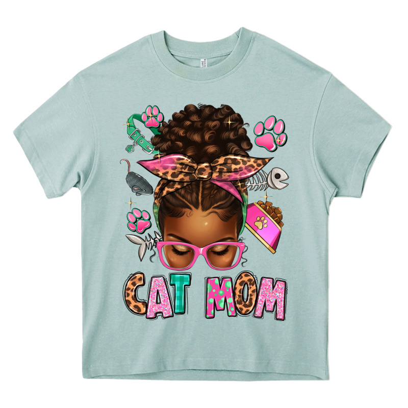 Afro Messy Bun Cat Mom Heavy Core Tee by texasbilliewilder | Teevron