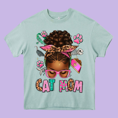 Afro Messy Bun Cat Mom Heavy Core Tee Designed By Texasbilliewilder