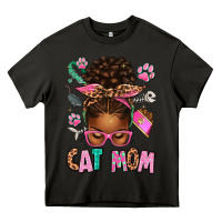 Asphalt Afro Messy Bun Cat Mom Heavy Core Tee - texasbilliewilder