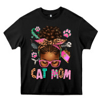 Black Afro Messy Bun Cat Mom Heavy Core Tee - texasbilliewilder