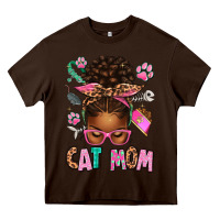 Chocolate Brown Afro Messy Bun Cat Mom Heavy Core Tee - texasbilliewilder