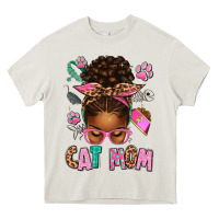 Cream Afro Messy Bun Cat Mom Heavy Core Tee - texasbilliewilder