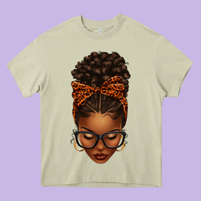 Afro Messy Bun Orange Leopard Bow Heavy Core Tee Designed By Texasbilliewilder