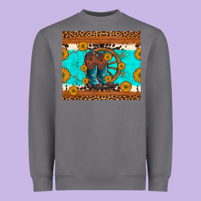 Cowboy Boots And Sunflowers Turquoise Leopard Background Heavyweight Sweatshirt Designed By Artiststas