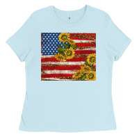 Baby Blue American flag sunflowers with leopard Ladies Tee - TumblerDesignByShophia
