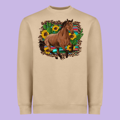 Western Horse Cactus Sunflowers Serape Leopard  Turquoise Wooden Heavyweight Sweatshirt Designed By Artiststas