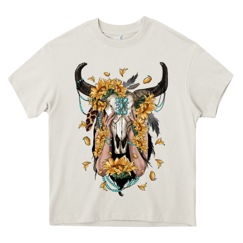 Sunflower Boho Bull Skull With Hands Heavy Core Tee by RanaPortraitStore | Teevron