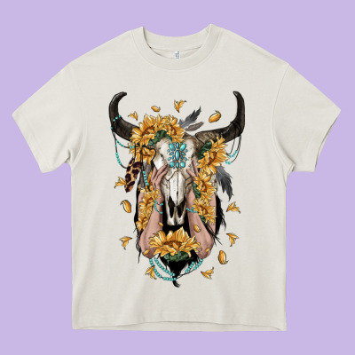 Sunflower Boho Bull Skull With Hands Heavy Core Tee Designed By Ranaportraitstore