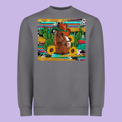 Western Horse Cowboy Hat Cactus Sunflowers Glitter Cowhide Serape Turq Heavyweight Sweatshirt Designed By Artiststas