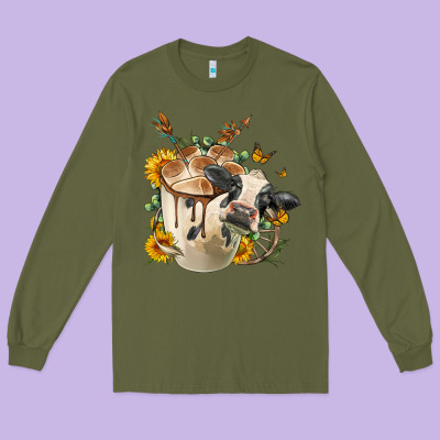 Black And White Cow Coffee Cup Long Sleeve Tee Designed By Fadigitalartstudio