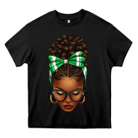 Black Afro Messy Bun Green and White Bow Heavy Core Tee - texasbilliewilder
