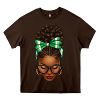 Chocolate Brown Afro Messy Bun Green and White Bow Heavy Core Tee - texasbilliewilder