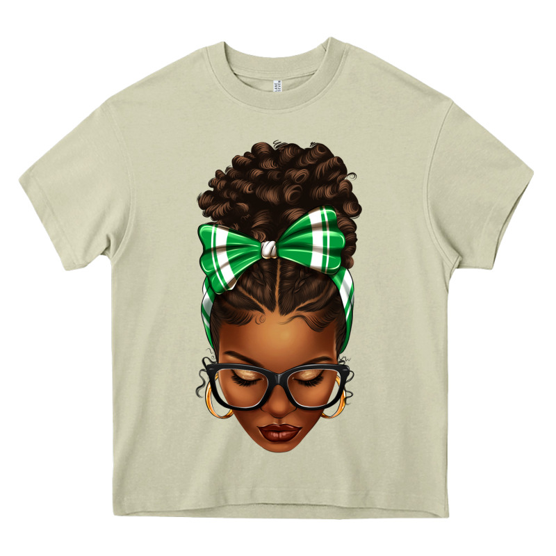 Afro Messy Bun Green And White Bow Heavy Core Tee by texasbilliewilder | Teevron