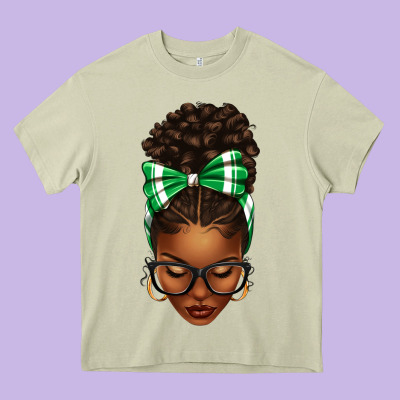 Afro Messy Bun Green And White Bow Heavy Core Tee Designed By Texasbilliewilder