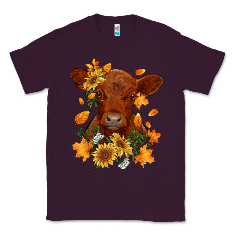 Fall Red Angus Calf Dried Leaves And Sunflowers Classic Tee by RanaPortraitStore | Teevron