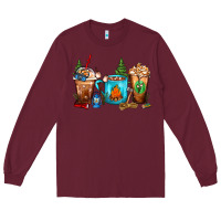 Burgundy Camping Coffee Cups Long Sleeve Tee - FaDigitalArtStudio