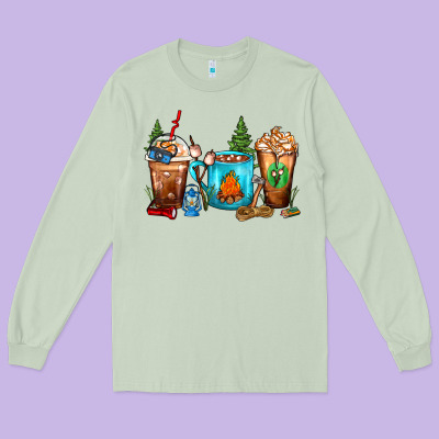 Camping Coffee Cups Long Sleeve Tee Designed By Fadigitalartstudio