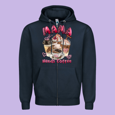 Mama Needs Coffee Zipper Hoodie Designed By Barkaloodesign