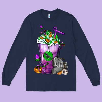 Halloween Cold Drink Frappe With Tombstone Long Sleeve Tee Designed By Fadigitalartstudio