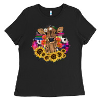 Black Baby Cow flower Ladies Tee - HowdyJamesFarm